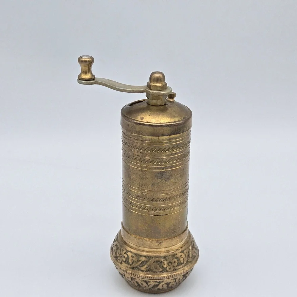 Vintage Brass Turkish Spice Pepper Mill Grinder Hand Crank Ornate Etched Design
